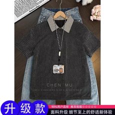 批发ins美式复古鱼骨纹显瘦polo衫格纹拼接假两件短袖t恤男装夏季上衣
