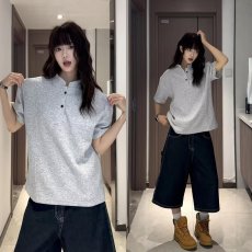 批发美式立领短袖polo衫男女季亨利领正肩t恤cleanfit解构重磅半袖