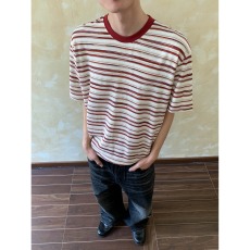 批发美式复古撞色条纹小众设计感短袖T恤慵懒风百搭休闲<b class='q'>体恤</b><b class='q'>男</b>女