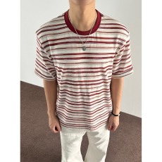 批发美式复古红色条纹打底衫男短袖t恤慵懒松弛休闲宽松上衣夏