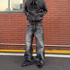 批发高个子美式裂纹<b class='q'>黑色</b>微喇<b class='q'>牛仔裤</b>男春夏复古显瘦百搭拖地直筒加长裤