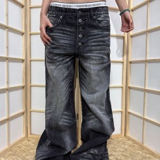 批发秋季<b class='q'>黑色</b>竹节纹微喇<b class='q'>牛仔裤</b>男<b class='q'>女</b>潮牌美式高街宽松直筒显瘦复古裤子