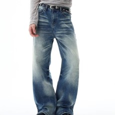 批发美式复古水洗猫须<b class='q'>微喇</b>叭<b class='q'>牛仔裤</b>男士新款休闲小众情侣春季vibe裤子