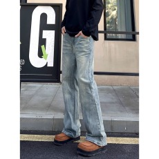 批发美式高街竹节纹微喇<b class='q'>牛仔裤</b>男春款cleanfit百搭直筒长裤潮