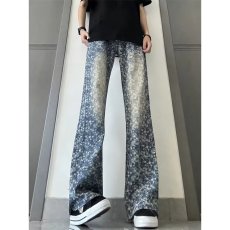 批发复古蓝提花<b class='q'>牛仔裤</b>男秋季美式高街裤子潮牌宽松直筒休闲<b class='q'>微喇</b>裤