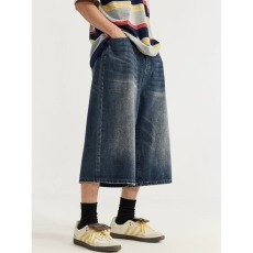 批发宽松廓形水洗复古做旧七分直筒宽松牛仔短裤男女显瘦短裤<b class='q'>韩版</b>