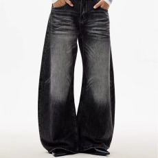 批发大码<b class='q'>女</b>装胖mm美式复古水洗做旧高腰阔腿<b class='q'>牛仔裤</b><b class='q'>女</b>宽松直筒拖地裤子