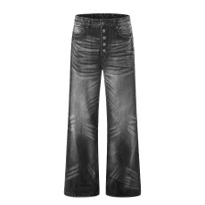 批发NEVERNEED<b class='q'>黑色</b>水洗猫须<b class='q'>牛仔裤</b>男秋季美式复古微喇宽松直筒阔腿<b class='q'>裤</b>