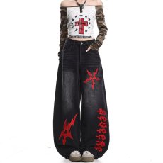 批发街头美式刺绣水洗弯刀<b class='q'>牛仔裤</b>男<b class='q'>女</b>宽松阔腿跳舞小众设计长裤