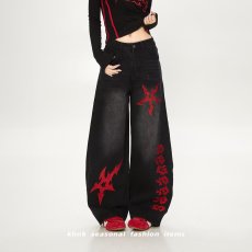 批发原创街头美式刺绣水洗弯刀<b class='q'>牛仔裤</b>男<b class='q'>女</b>宽松阔腿小众设计长裤