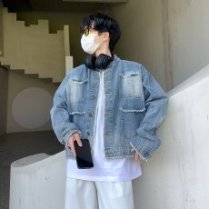 批发美式复古春<b class='q'>秋</b>季毛边设计感水洗渐变色牛仔外套男潮牌街头宽松夹克