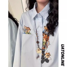 批发春<b class='q'>秋</b>美式复古学院风创意趣味卡通刺绣休闲长袖衬衫男女