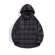 批发复古格子纹连帽衬衫外套男女春<b class='q'>秋</b>季潮流宽松休闲长袖衬衣上衣