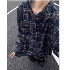 批发复古格子纹连帽衬衫外套男女春<b class='q'>秋</b>季潮流宽松休闲长袖衬衣上衣