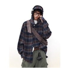 批发美式撞色格子连帽长袖衬衫<b class='q'>男生</b>潮流宽松休闲百搭衬衣<b class='q'>外套</b>