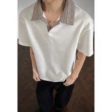 批发美式复古假两件格纹翻领T恤男学院风宽松百搭短袖POLO衫