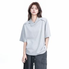 批发新款休闲美式复古设计感不规则领口短袖T恤男女款百搭polo打底衫