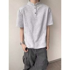 批发美式小众痞帅复古亨利领短袖polo衫男女夏季T恤ins高级感百搭上衣