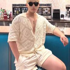 批发美式硬汉<b class='q'>镂空</b>蕾丝针织<b class='q'>开衫</b>男宽松短袖翻领工装t恤网眼透视polo衫