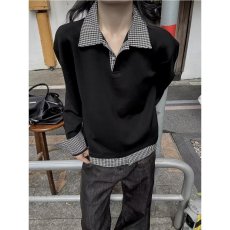 批发老钱风<b class='q'>潮牌</b>格子假两件拼接翻领<b class='q'>卫衣</b>男女款复古宽松百搭POLO衫上衣