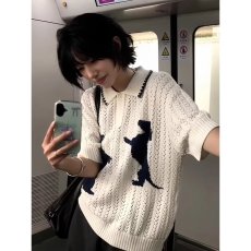 批发美式老钱趣味猫猫图案短袖套头针织<b class='q'>衫</b>男女款松弛感polo<b class='q'>衫</b>