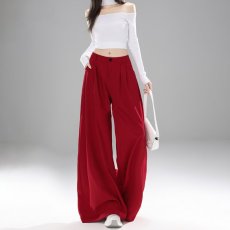批发中国红窄版阔腿裤<b class='q'>女</b>夏季高腰复古垂感直筒休闲裤高级感系带<b class='q'>西装</b>裤