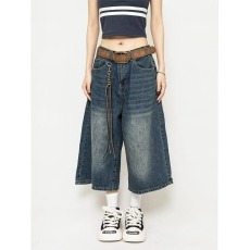 批发美式复古黑色牛仔七分裤男女夏季新款街头宽松情侣直筒牛仔短裤子