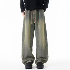 批发美式高街斜切弯刀<b class='q'>牛仔裤</b>男款冬季解构拼接水洗裤子直筒微喇工装裤