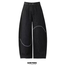 批发小众设计弧线刺绣黑色弯刀<b class='q'>牛仔裤</b>男女bf阔腿复古微喇显瘦拖地裤子