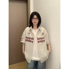 批发新款潮牌夏季条纹短袖<b class='q'>衬衫</b>男女宽松百搭休闲时尚情侣<b class='q'>衬衣</b>