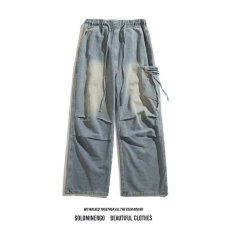 批发褶皱<b class='q'>牛仔裤</b>男款春秋季美式街头复古做旧水洗宽松休闲工装阔腿长裤