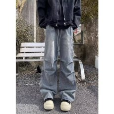 批发美式水洗做旧拼接阔腿<b class='q'>牛仔裤</b>男潮牌高街复古宽松直筒休闲拖地长裤