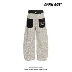 批发DARKAGE原创美式复古反穿豹纹撞色刺绣弯刀<b class='q'>牛仔裤</b>男女宽松阔腿裤