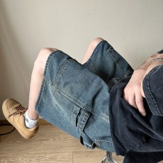 批发工装牛仔短裤男夏季薄款潮牌宽松直筒五分裤美式复古水洗休闲裤子