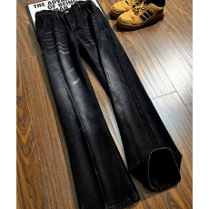 批发美式斜切微喇工装裤子半松紧腰显瘦直筒裤复古蓝柳叶弯刀<b class='q'>牛仔裤</b>男