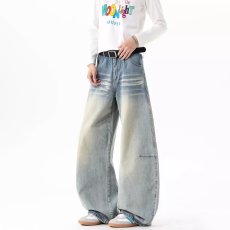 批发美式复古宽松水洗刺绣弯刀<b class='q'>牛仔裤</b>男2026春季新款直筒阔腿拖地裤子