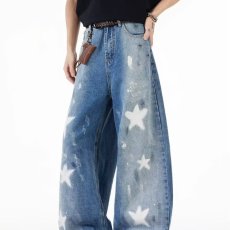 批发美式高街星星镭射印花<b class='q'>牛仔裤</b>男宽松复古水洗破洞阔腿裤潮牌直筒裤