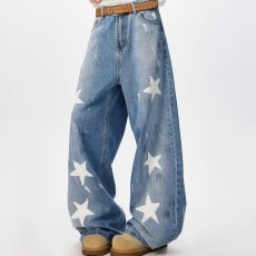 批发美式高街星星镭射印花<b class='q'>牛仔裤</b>男宽松复古水洗破洞阔腿裤潮牌直筒裤