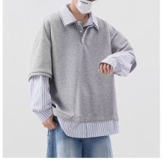 批发假两件翻领卫衣男女春秋美式潮牌宽松学生POLO衫拼接上衣休闲<b class='q'>外套</b>