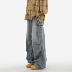 批发美式水洗做旧拼接阔腿<b class='q'>牛仔裤</b>男潮牌高街复古宽松直筒休闲拖地长裤