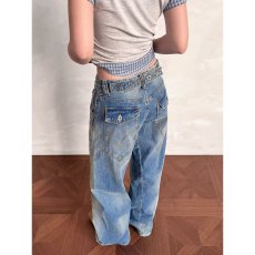 批发美式复古巴黎扣设计竹节<b class='q'>牛仔裤</b>男女水洗直筒宽松百搭长裤ins