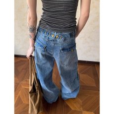 批发美式复古巴黎扣设计竹节<b class='q'>牛仔裤</b>男女水洗直筒宽松百搭长裤ins