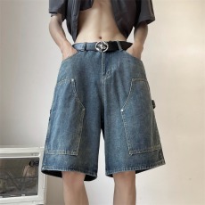 批发夏季美式复古工装牛仔短裤男潮牌高街宽松直筒设计感水洗五分中裤