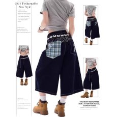 批发美式高街格纹拼接刺绣牛仔短裤男女夏季设计感宽松休闲阔腿七分裤