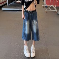 批发美式复古水洗闪电纹弯刀牛仔短裤男女夏季宽松阔腿七分裤潮牌情侣