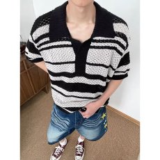 批发高街美式短袖t恤复古风镂空针织衫男短袖黑白条纹翻领宽松上衣潮
