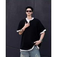 批发2026新款美式复古夏季<b class='q'>男士</b>假两件拼色短袖T恤潮宽松休闲百搭<b class='q'>上衣</b>