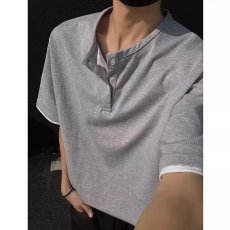 美式华夫格假两件亨利领短袖t恤男士春秋季cleanfit打底衫上衣潮