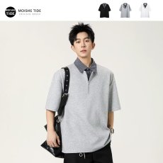 批发假两件polo领短袖男夏季2026新款宽松设计感情侣半袖<b class='q'>男生</b>T恤