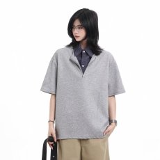 批发美式假两件衬衫领短袖男潮牌宽松拼接T恤春夏重磅半袖Polo衫上衣